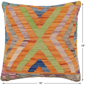 handmade Traditional Pillow Orange Blue Hand-Woven SQUARE 100% WOOL  Hand woven turkish pillow  2 x 2